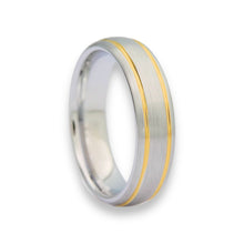 Tungsten Ring Domed Silver Brushed With Gold Stripes Band