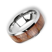 Tungsten Ring Domed Wood Inlay Silver Polished Beveled Edges Band