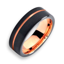 Tungsten Ring Elegant Rose Gold Line Black Brushed Flat Matte Finish Band