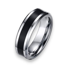 Tungsten Ring Flat Polished Black Center And Silver Beveled Edges Band