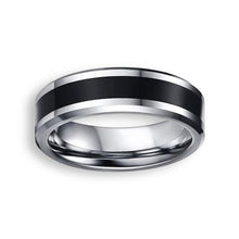 Tungsten Ring Flat Polished Black Center And Silver Beveled Edges Band