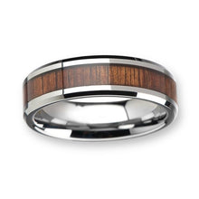 Tungsten Ring Flat Wooden Inlay Silver Polished Beveled Edge Band
