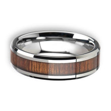 Tungsten Ring Flat Wooden Inlay Silver Polished Beveled Edge Band