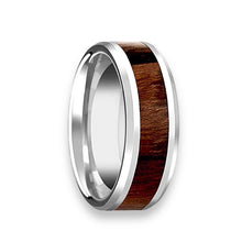 Tungsten Ring Flat Wooden Inlay Silver Polished Beveled Edge Band