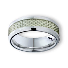 Tungsten Ring Grey Carbon Fiber Inlay Silver Beveled Edges Band