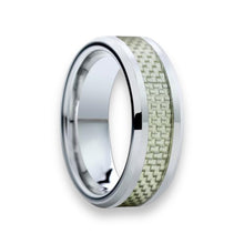 Tungsten Ring Grey Carbon Fiber Inlay Silver Beveled Edges Band