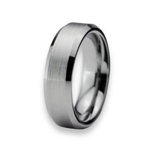 Tungsten Ring High Brushed Satin Center Silver Beveled Edges Band