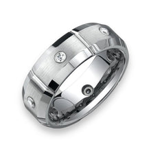 Tungsten Ring Polished Beveled Edge Brushed Finish With White Cubic Zirconia Band
