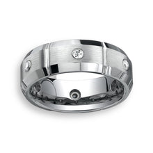 Tungsten Ring Polished Beveled Edge Brushed Finish With White Cubic Zirconia Band