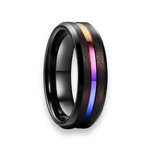 Tungsten Ring Rainbow Center Stripe Black Brushed Beveled Edges Band