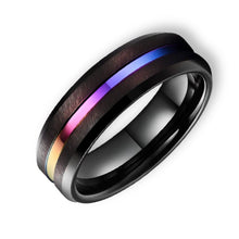 Tungsten Ring Rainbow Center Stripe Black Brushed Beveled Edges Band