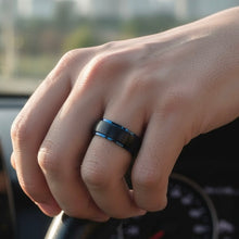 Tungsten Ring Raised Center Black Brushed Matte Finish And Blue Edges Band