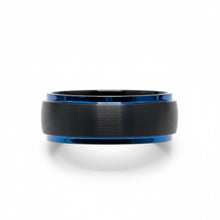 Tungsten Ring Raised Center Black Brushed Matte Finish And Blue Edges Band