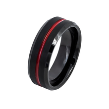Tungsten Ring Red Grooved Center Brushed Black Beveled Edges Band