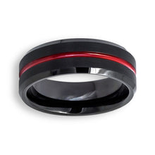 Tungsten Ring Red Grooved Center Brushed Black Beveled Edges Band