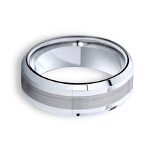 Tungsten Ring Satin Center Stripe Beveled Edges Band