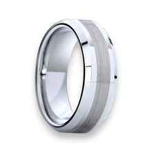 Tungsten Ring Satin Center Stripe Beveled Edges Band