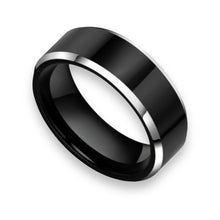 Tungsten Ring Silver Beveled Edges Black Center Glossy High Polish Band