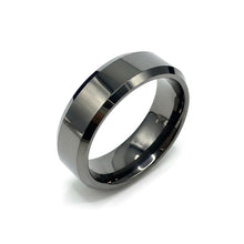 Tungsten Ring Silver Beveled Edges Black Center Glossy High Polish Band
