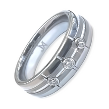 Tungsten Ring Silver Brushed Groove Center Pipe Cut With White Zirconia 6mm Band