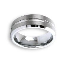 Tungsten Ring Silver Brushed Satin Finish With Recessed Stripe And Beveled Edges Band
