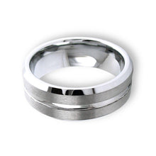 Tungsten Ring Silver Brushed Satin Finish With Recessed Stripe And Beveled Edges Band