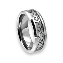 Tungsten Ring Silver Celtic Dragon On Black Inlay Beveled Ledges Band