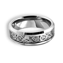 Tungsten Ring Silver Celtic Dragon On Black Inlay Beveled Ledges Band