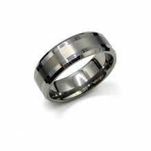 Tungsten Ring High Polish Finish Center Silver Ceramic Inlay Beveled Edges Band