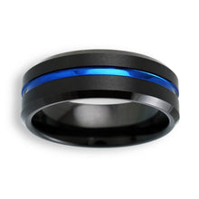 Tungsten Ring Thin Blue Line Center Recessed Stripe Black Brushed Beveled Edges Band