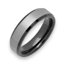 Tungsten Ring Two-Tone Black And Brushed Silver Color Beveled Edges Band