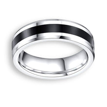 Tungsten Ring Two Tone High Polish Finish Center Black Ceramic Inlay Beveled Edges  Band