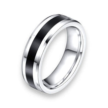 Tungsten Ring Two Tone High Polish Finish Center Black Ceramic Inlay Beveled Edges  Band