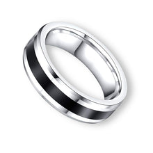 Tungsten Ring Two Tone High Polish Finish Center Black Ceramic Inlay Beveled Edges  Band