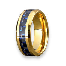 Tungsten Ring Yellow Gold Plated With Blue Carbon Fiber Inlay Beveled Edges Band