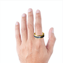 Tungsten Ring Yellow Gold Plated With Blue Carbon Fiber Inlay Beveled Edges Band