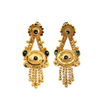 V-Shape Drop Earrings Gold Tone with Floral Stud Top and Emerald Detailing Vintage Inspired Jewellery - Earrings