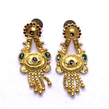 V-Shape Drop Earrings Gold Tone with Floral Stud Top and Emerald Detailing Vintage Inspired Jewellery - Earrings