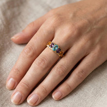 Victorian-Inspired 9K Yellow Gold Five-Stone Ring | Natural Citrine Amethyst & Swiss Blue Topaz | Bezel-Set Jewelry