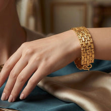 Yellow Gold Micron Plated Geometric Bracelet – Textured Links & Shiny Accents - Bracelet